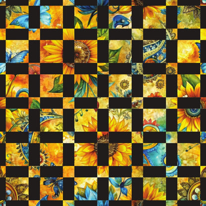 sunflower fields, quilting cotton, fabric panel, checkerboard pattern, golden yellow, bright orange, deep blue, emerald green, floral motifs, sunflower petals, botanical elements, nature inspired, vibrant colors, patchwork design, quilting squares, summer blooms, garden theme, warm tones, artistic florals, cotton fabric