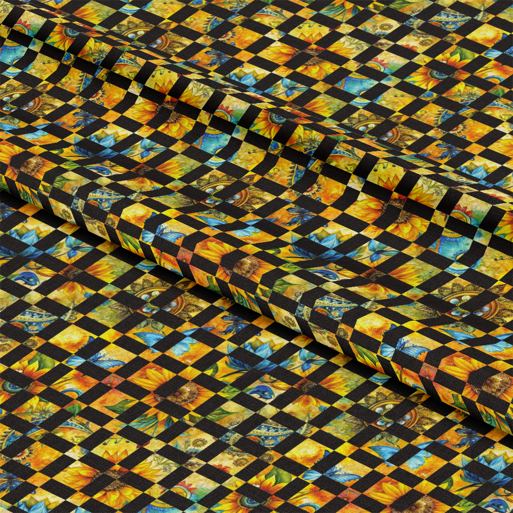 - Sunflower Fields Pattern 16 Quilting Cotton Fabric  
- yellow sunflowers  
- blue accents  
- black lattice design  
- quilt fabric  
- cotton material  
- floral fabric  
- bright colors  
- patchwork style  
- gardening theme  
- fall tones  
- handmade crafts  
- sewing fabric  
- nature inspired
