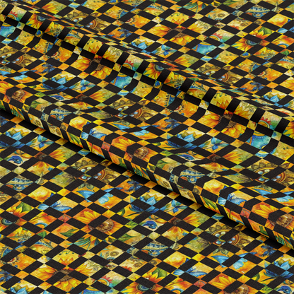 - Sunflower Fields Pattern 16 Quilting Cotton Fabric  
- yellow sunflowers  
- blue accents  
- black lattice design  
- quilt fabric  
- cotton material  
- floral fabric  
- bright colors  
- patchwork style  
- gardening theme  
- fall tones  
- handmade crafts  
- sewing fabric  
- nature inspired