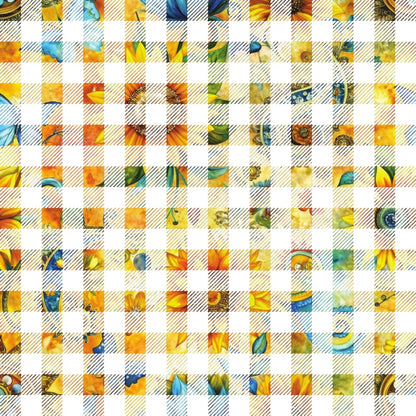 sunflower fields, quilting cotton, fabric panel, yellow petals, orange centers, blue sky, green leaves, floral motif, checkerboard pattern, geometric squares, nature themed, summer flowers, botanical design, patchwork style, vibrant colors, garden scenes, sunny disposition, country charm, quilting blocks, cotton fabric