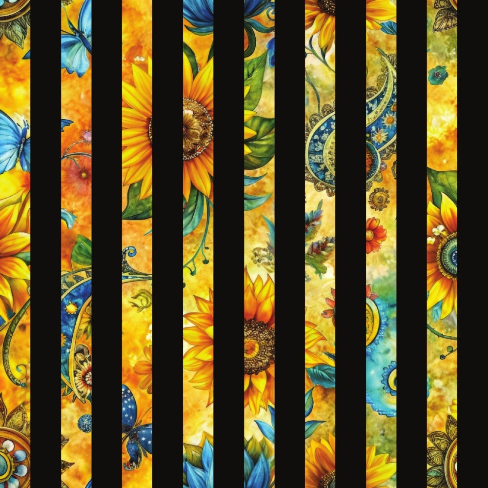 sunflower, yellow, orange, blue, butterfly, floral pattern, quilting cotton, fabric panel, botanical design, nature motif, paisley swirls, decorative elements, warm colors, summer theme, garden flowers, vertical strips, colorful strips, fabric strips, quilting material, flower petals