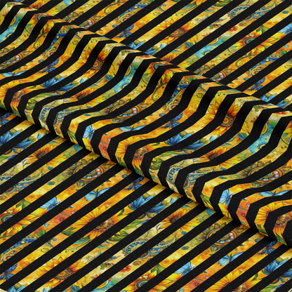 - Sunflower Fields Pattern 19 Quilting Cotton Fabric  
- Yellow sunflowers  
- Black diagonal stripes  
- Blue butterflies  
- Green leaves  
- Floral design  
- Quilting fabric  
- Cotton textile  
- Nature-inspired print  
- Vibrant colors  
- Garden theme fabric