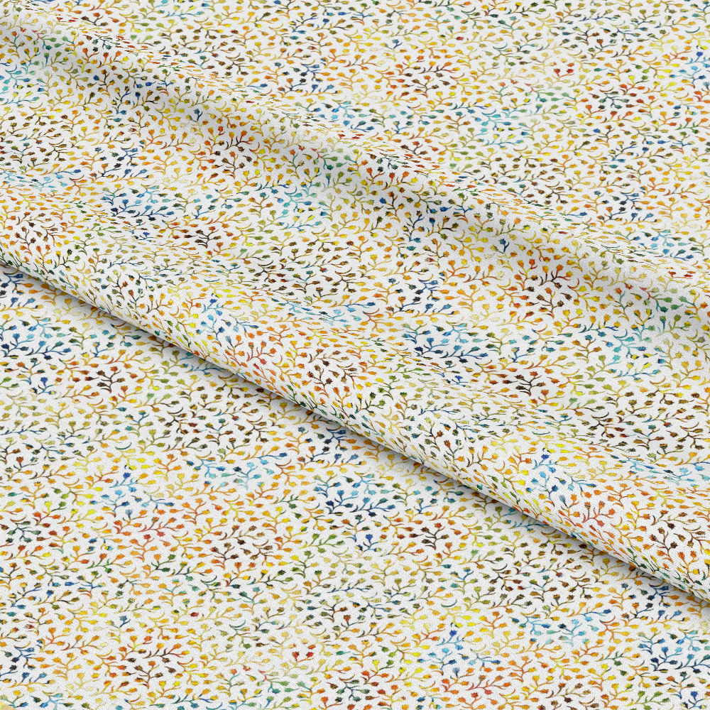 - Sunflower Fields Pattern 20 Quilting Cotton Fabric  
- Multicolor, floral, delicate, small leaves  
- Cotton, quilting, fabric, soft texture  
- Autumn tones, blue, green, orange, yellow, brown  
- Lightweight, breathable, sewing material