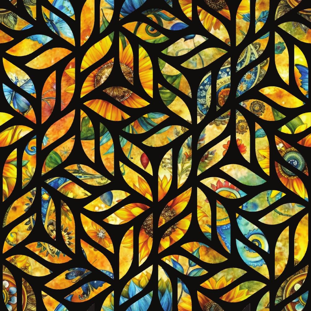quilting cotton, fabric panel, stained glass, leaf motifs, nature pattern, golden yellow, burnt orange, cobalt blue, emerald green, geometric design, botanical elements, autumn colors, mosaic style, artistic leaves, vibrant hues, fall foliage, decorative pattern, contemporary art, natural elements, flowing branches