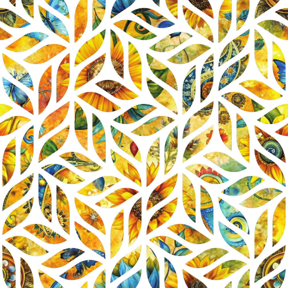 sunflower yellow, golden orange, teal blue, green accents, leaf shapes, geometric pattern, sunflower petals, nature motifs, quilting cotton, fabric panel, botanical design, warm tones, summer vibes, floral elements, abstract leaves, vibrant colors, overlapping shapes, organic forms, contemporary style, piecing fabric