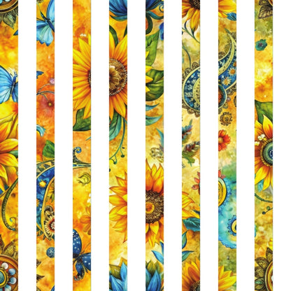 sunflower, golden yellow, orange, blue butterfly, paisley, floral pattern, quilting cotton, fabric panel, watercolor style, botanical design, summer theme, warm colors, decorative strips, nature motifs, artistic florals, vibrant hues, garden flowers, whimsical butterflies, flowing designs