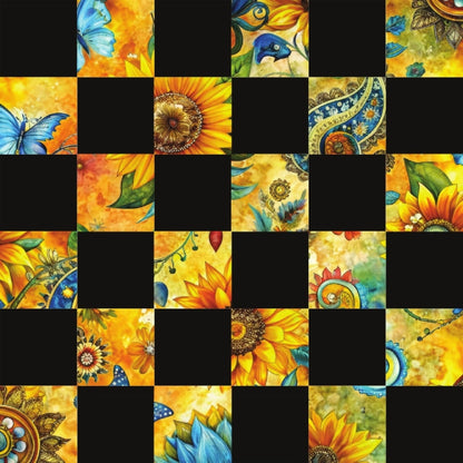 sunflower, butterfly, checkerboard pattern, yellow, orange, blue, green, quilting cotton, fabric panel, floral motifs, nature elements, paisley designs, geometric squares, bright colors, botanical art, decorative flowers, patchwork style, vibrant hues, garden theme, summer flowers