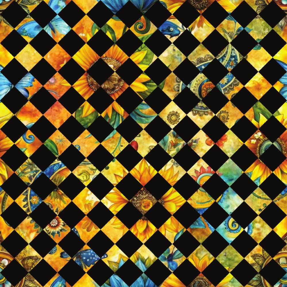 sunflower fields, quilting cotton, fabric panel, checkerboard pattern, black squares, yellow florals, orange blooms, blue accents, green foliage, geometric layout, floral motifs, nature scenes, botanical elements, patchwork design, vibrant colors, summer flowers, garden theme, diagonal arrangement, warm tones, pieced blocks
