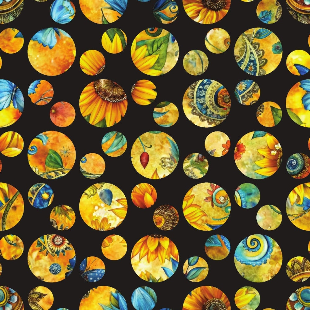 sunflower fields, quilting cotton, fabric panel, golden yellow, bright orange, turquoise blue, emerald green, black background, circular motifs, floral patterns, sunflower petals, botanical designs, nature inspired, vibrant colors, summer themes, geometric circles, mixed patterns, cheerful mood, craft fabric, patchwork elements