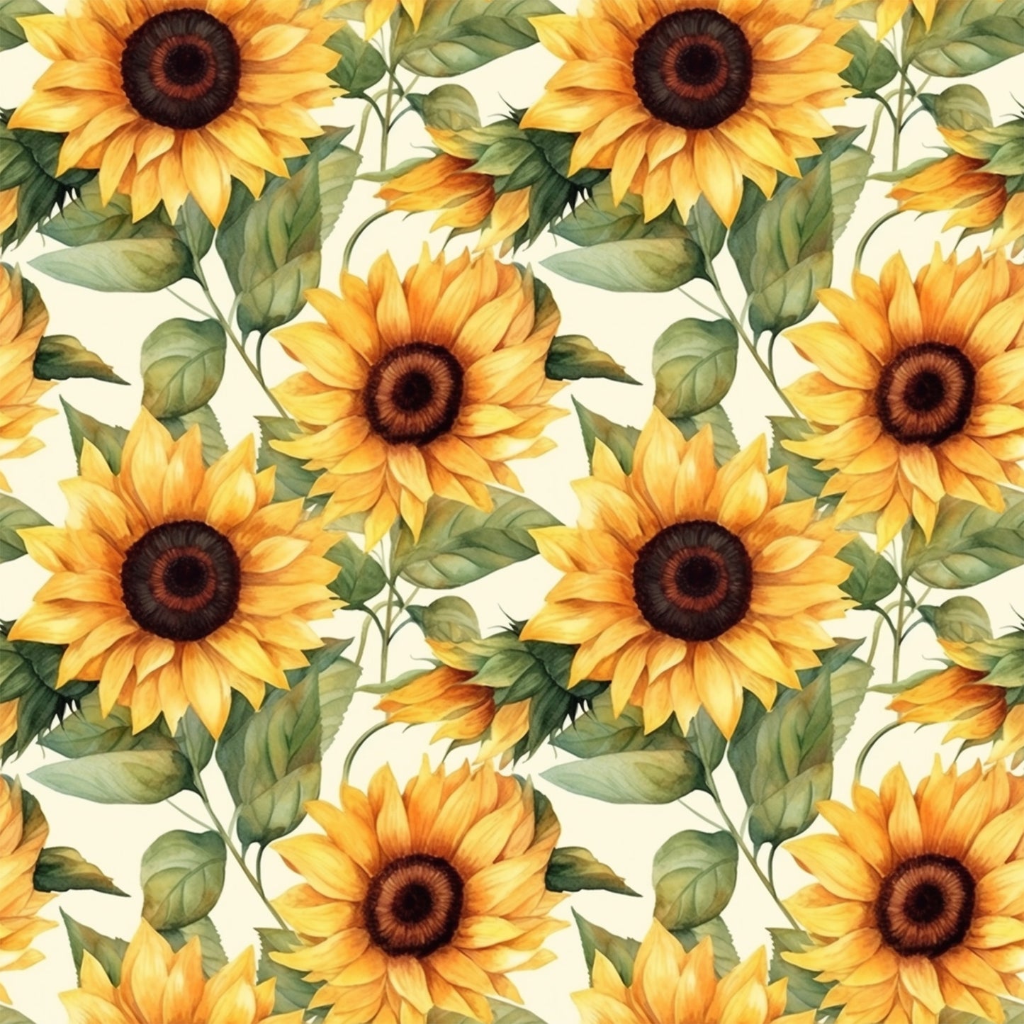 sunflower pattern, yellow petals, golden yellow, brown centers, green leaves, botanical design, floral motif, repeating pattern, quilting cotton, fabric panel, watercolor style, realistic flowers, nature theme, summer flowers, harvest theme, autumn colors, seamless repeat, crafting fabric, sewing material