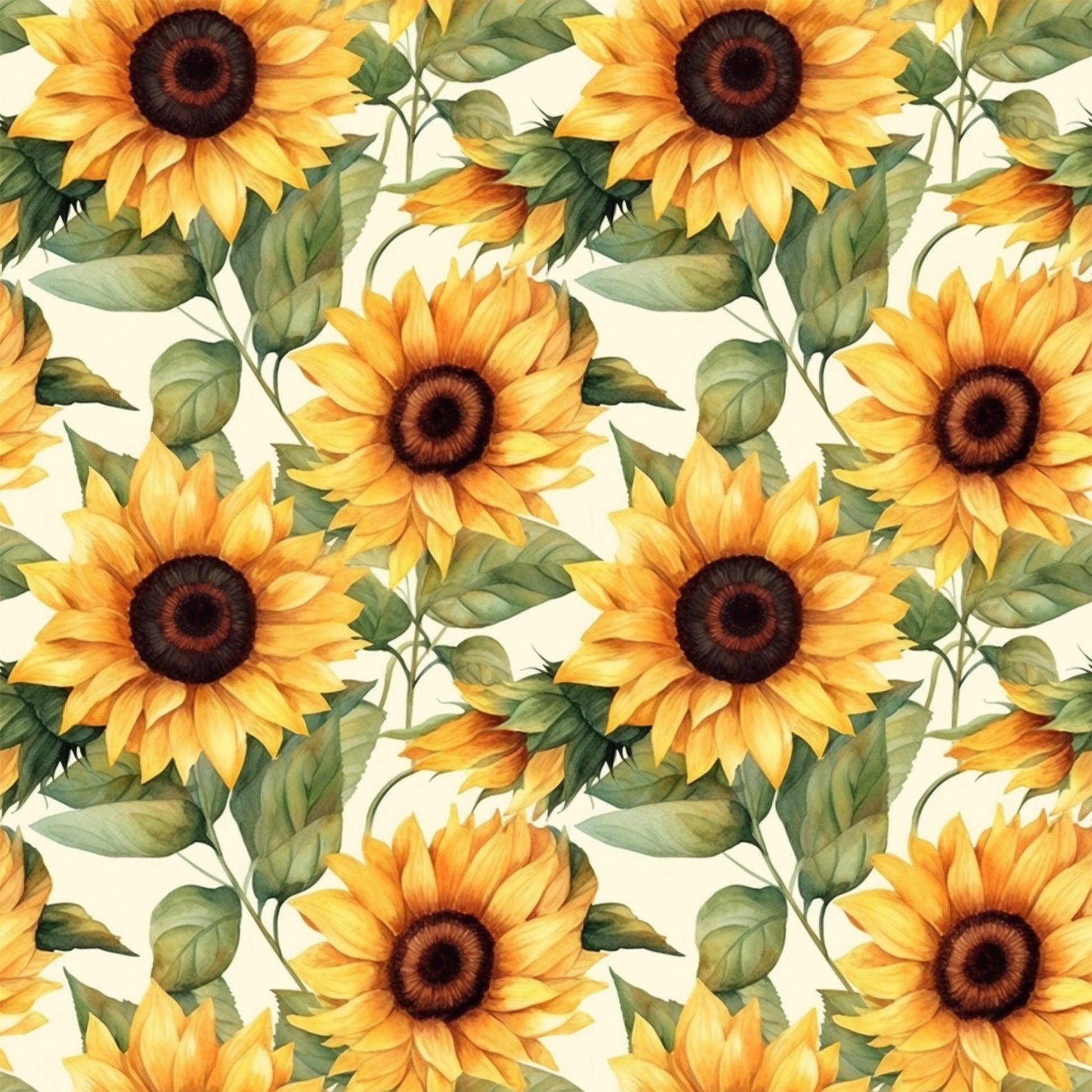 sunflower pattern, yellow petals, golden yellow, brown centers, green leaves, botanical design, floral motif, repeating pattern, quilting cotton, fabric panel, watercolor style, realistic flowers, nature theme, summer flowers, harvest theme, autumn colors, seamless repeat, crafting fabric, sewing material