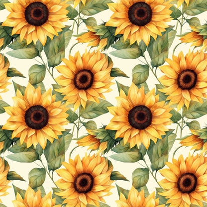 sunflower pattern, yellow petals, golden yellow, brown centers, green leaves, botanical design, floral motif, repeating pattern, quilting cotton, fabric panel, watercolor style, realistic flowers, nature theme, summer flowers, harvest theme, autumn colors, seamless repeat, crafting fabric, sewing material