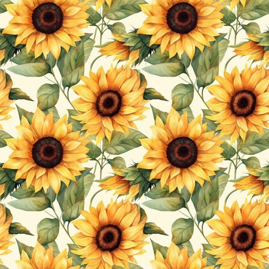 sunflower pattern, yellow petals, golden yellow, brown centers, green leaves, botanical design, floral motif, repeating pattern, quilting cotton, fabric panel, watercolor style, realistic flowers, nature theme, summer flowers, harvest theme, autumn colors, seamless repeat, crafting fabric, sewing material