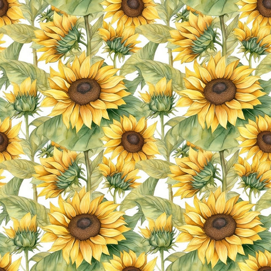 sunflower pattern, yellow petals, golden blooms, brown centers, green leaves, botanical design, floral motif, repeating pattern, quilting cotton, fabric panel, seamless design, nature theme, garden flowers, bright colors, watercolor style, artistic illustration, summer florals, crafting material, sewing fabric, vibrant yellow