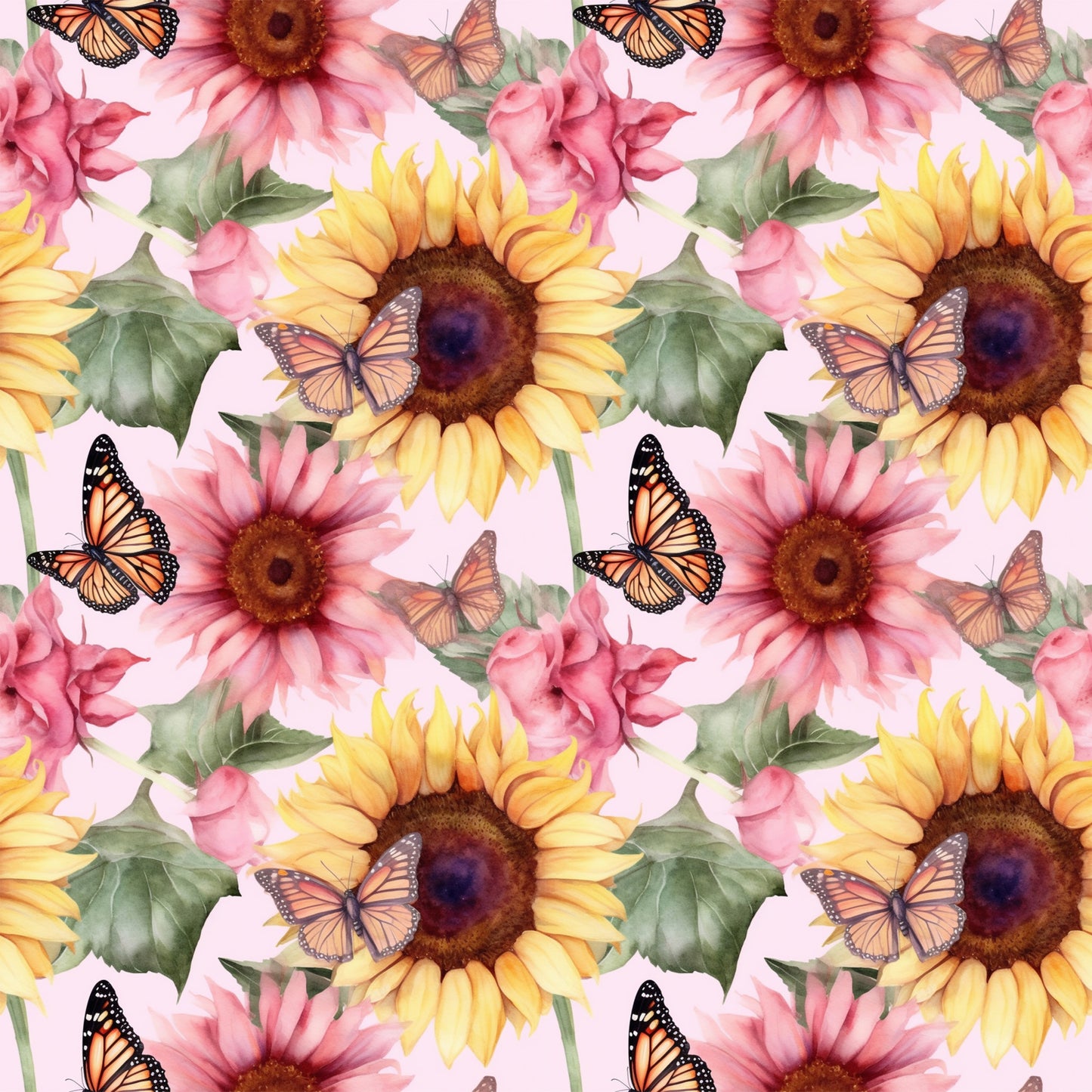 sunflower pattern, butterfly design, monarch butterflies, pink flowers, yellow petals, orange accents, green leaves, brown centers, floral motif, repeating pattern, quilting cotton, fabric panel, watercolor style, botanical print, nature theme, spring colors, garden scene, vibrant hues, delicate wings, blooming flowers