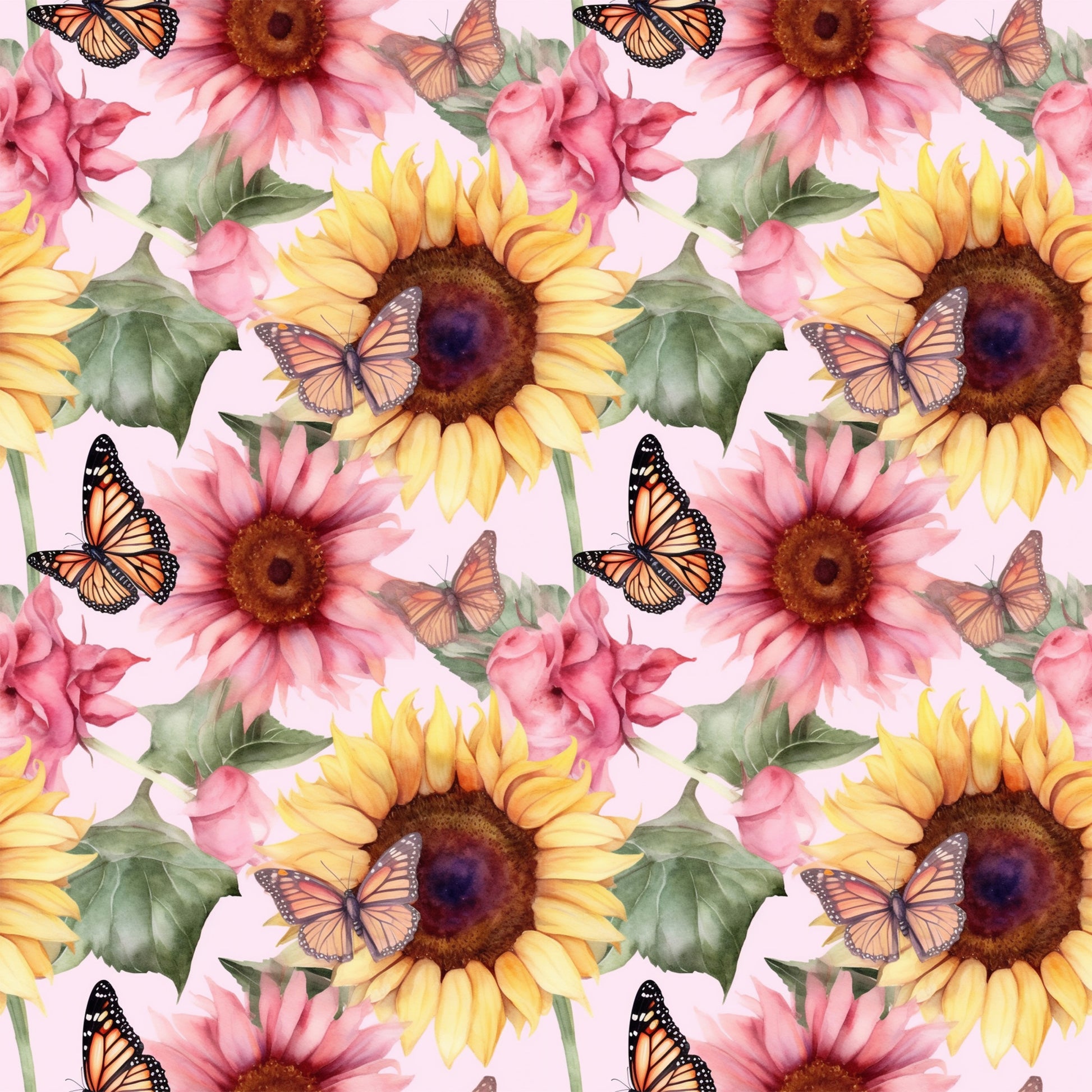 sunflower pattern, butterfly design, monarch butterflies, pink flowers, yellow petals, orange accents, green leaves, brown centers, floral motif, repeating pattern, quilting cotton, fabric panel, watercolor style, botanical print, nature theme, spring colors, garden scene, vibrant hues, delicate wings, blooming flowers