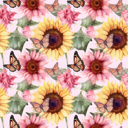sunflower pattern, butterfly design, monarch butterflies, pink flowers, yellow petals, orange accents, green leaves, brown centers, floral motif, repeating pattern, quilting cotton, fabric panel, watercolor style, botanical print, nature theme, spring colors, garden scene, vibrant hues, delicate wings, blooming flowers