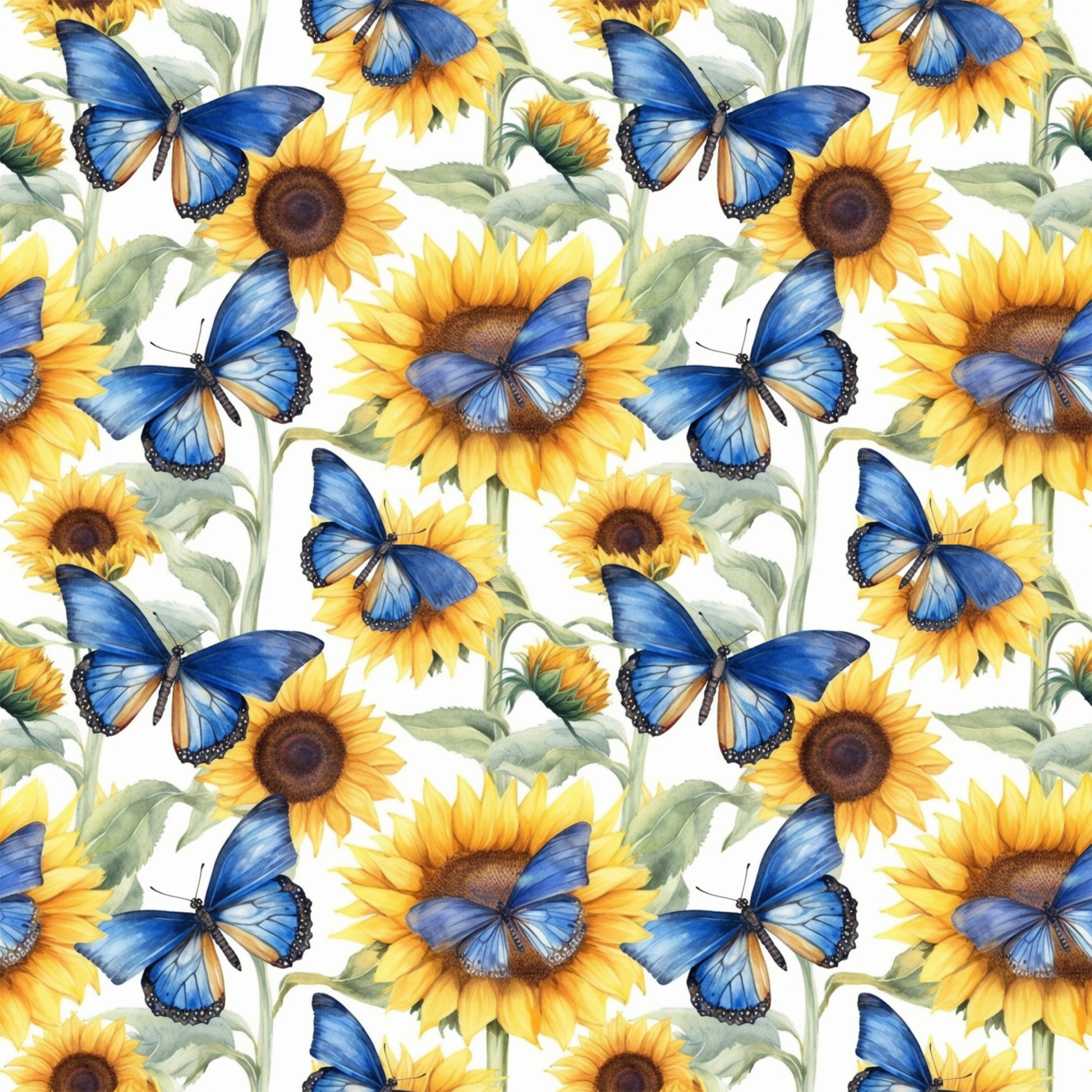 sunflower pattern, blue butterfly, yellow flowers, morpho butterfly, floral design, botanical print, quilting cotton, fabric panel, green leaves, bright yellow, cobalt blue, nature motif, garden theme, repeating pattern, watercolor style, spring theme, cheerful design, pollinator garden, flower petals, artistic illustration