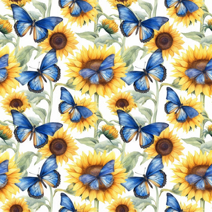 sunflower pattern, blue butterfly, yellow flowers, morpho butterfly, floral design, botanical print, quilting cotton, fabric panel, green leaves, bright yellow, cobalt blue, nature motif, garden theme, repeating pattern, watercolor style, spring theme, cheerful design, pollinator garden, flower petals, artistic illustration
