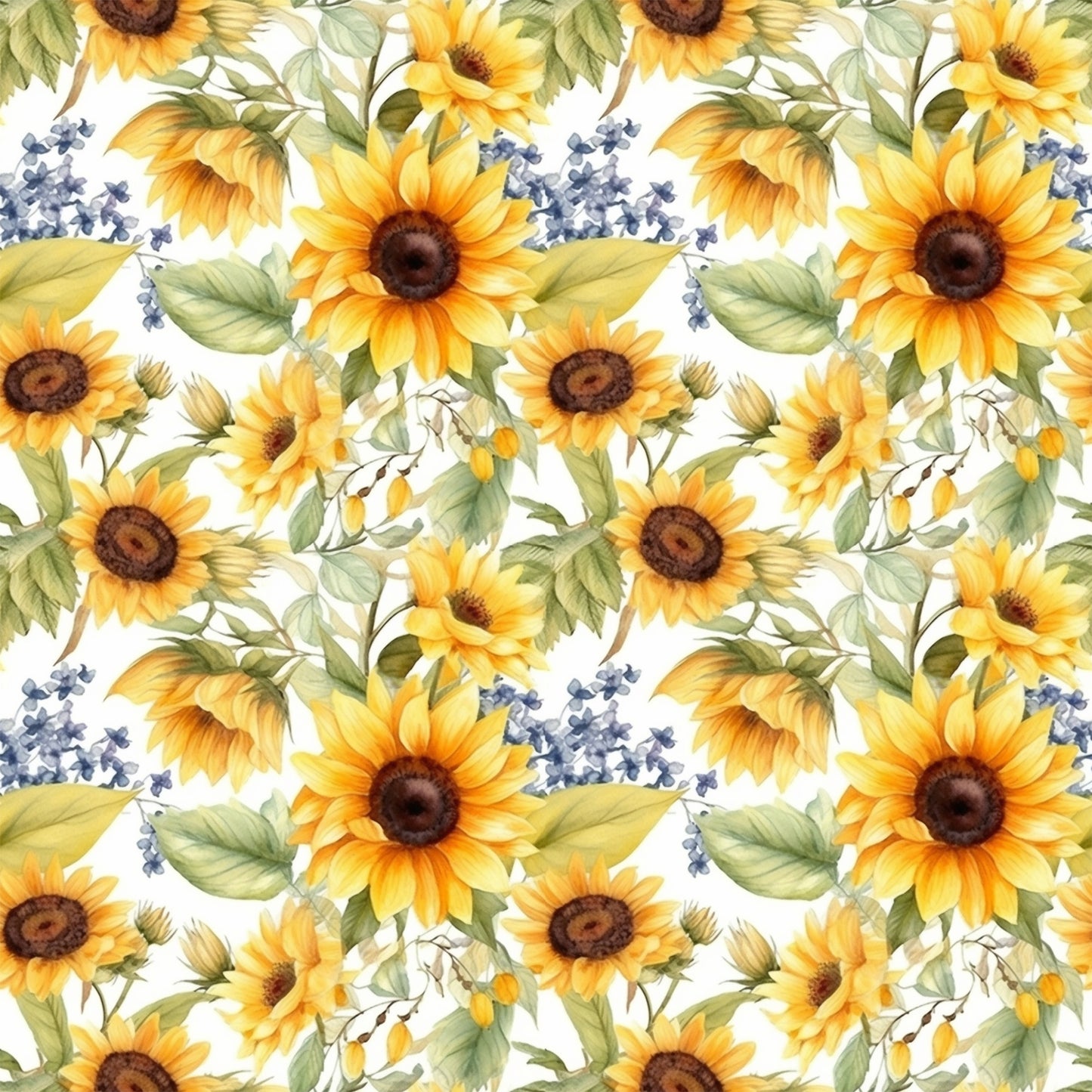 sunflower pattern, yellow flowers, golden petals, brown centers, green leaves, blue accents, lavender sprigs, floral motif, watercolor style, botanical design, repeating pattern, quilting cotton, fabric panel, spring theme, garden flowers, nature inspired, soft pastels, delicate artwork, craft fabric, sewing material