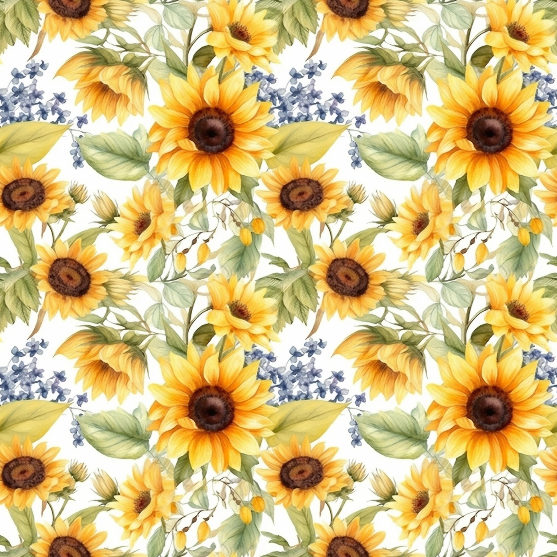 sunflower pattern, yellow flowers, golden petals, brown centers, green leaves, blue accents, lavender sprigs, floral motif, watercolor style, botanical design, repeating pattern, quilting cotton, fabric panel, spring theme, garden flowers, nature inspired, soft pastels, delicate artwork, craft fabric, sewing material