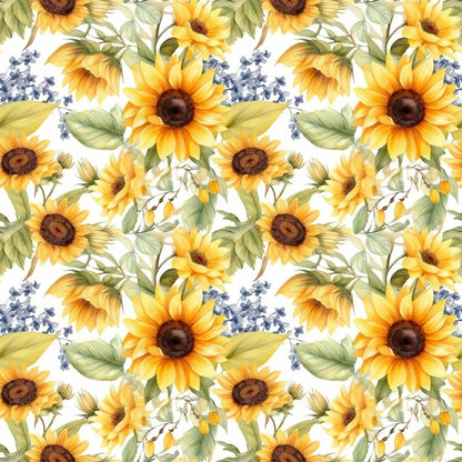 sunflower pattern, yellow flowers, golden petals, brown centers, green leaves, blue accents, lavender sprigs, floral motif, watercolor style, botanical design, repeating pattern, quilting cotton, fabric panel, spring theme, garden flowers, nature inspired, soft pastels, delicate artwork, craft fabric, sewing material