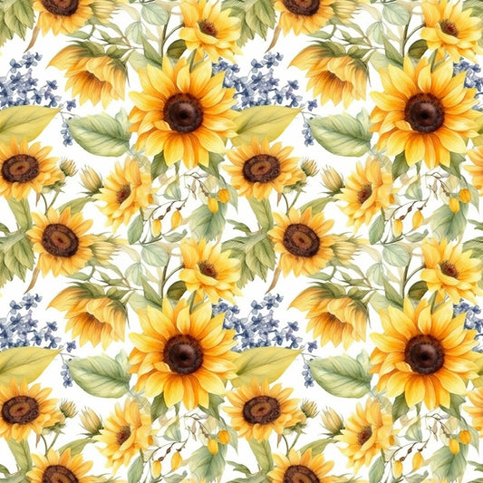 sunflower pattern, yellow flowers, golden petals, brown centers, green leaves, blue accents, lavender sprigs, floral motif, watercolor style, botanical design, repeating pattern, quilting cotton, fabric panel, spring theme, garden flowers, nature inspired, soft pastels, delicate artwork, craft fabric, sewing material