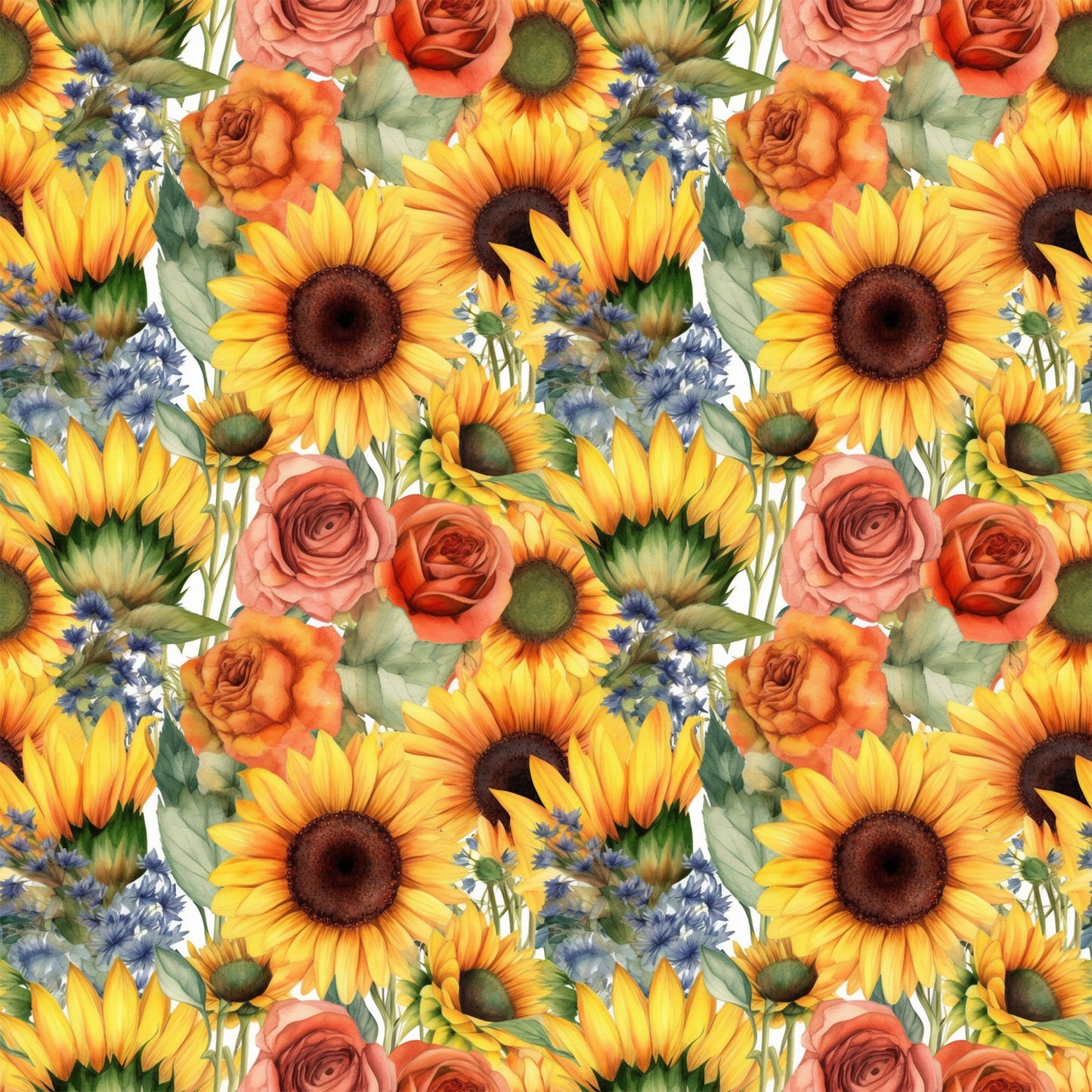 sunflowers, yellow petals, orange roses, coral roses, blue wildflowers, floral pattern, repeating design, botanical illustration, watercolor style, quilting cotton, fabric panel, summer flowers, garden blooms, warm colors, nature motif, mixed florals, seamless repeat, crafting fabric, bright cheerful, cottage core