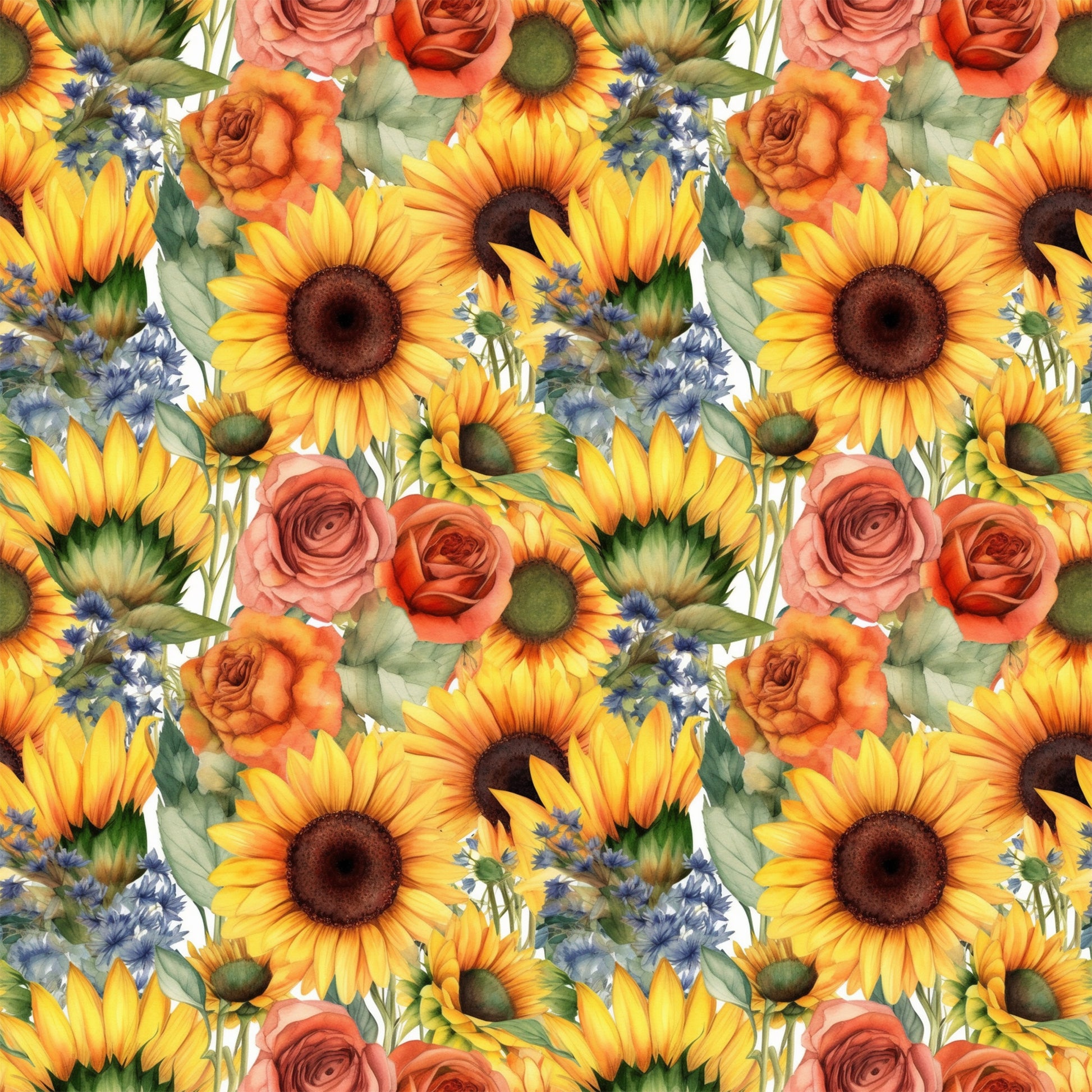 sunflowers, yellow petals, orange roses, coral roses, blue wildflowers, floral pattern, repeating design, botanical illustration, watercolor style, quilting cotton, fabric panel, summer flowers, garden blooms, warm colors, nature motif, mixed florals, seamless repeat, crafting fabric, bright cheerful, cottage core