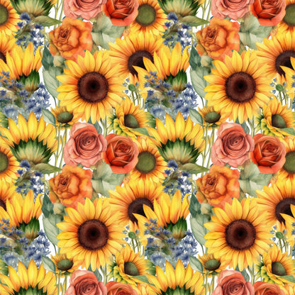 sunflowers, yellow petals, orange roses, coral roses, blue wildflowers, floral pattern, repeating design, botanical illustration, watercolor style, quilting cotton, fabric panel, summer flowers, garden blooms, warm colors, nature motif, mixed florals, seamless repeat, crafting fabric, bright cheerful, cottage core
