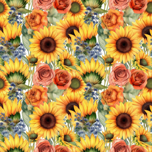 sunflowers, yellow petals, orange roses, coral roses, blue wildflowers, floral pattern, repeating design, botanical illustration, watercolor style, quilting cotton, fabric panel, summer flowers, garden blooms, warm colors, nature motif, mixed florals, seamless repeat, crafting fabric, bright cheerful, cottage core