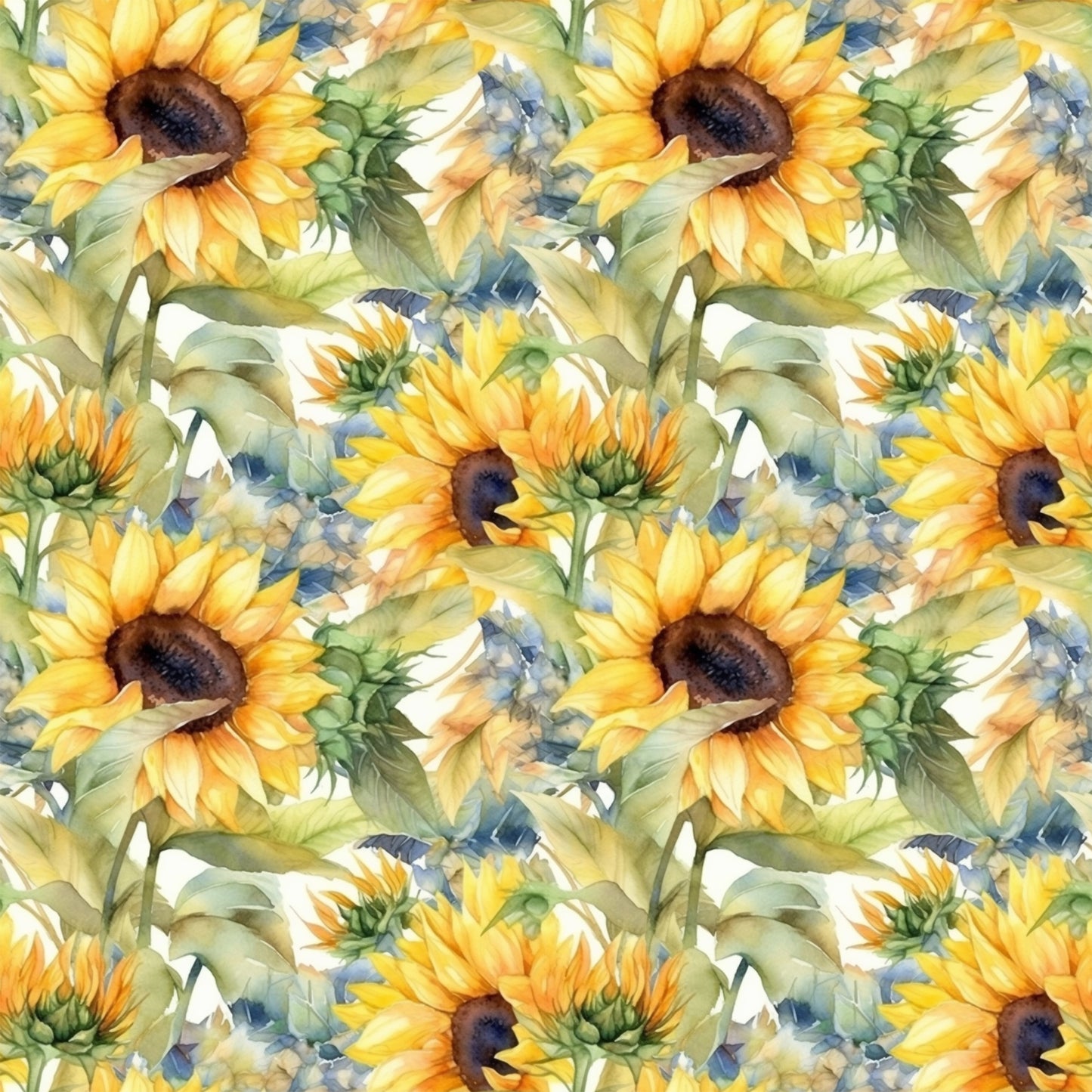 sunflower pattern, yellow petals, golden yellow, brown centers, green leaves, watercolor style, floral design, repeating pattern, quilting cotton, fabric panel, botanical print, summer flowers, soft brushstrokes, nature motif, artistic rendering, warm tones, garden theme, seamless repeat, cotton fabric, crafting material
