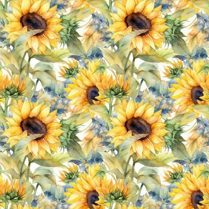sunflower pattern, yellow petals, golden yellow, brown centers, green leaves, watercolor style, floral design, repeating pattern, quilting cotton, fabric panel, botanical print, summer flowers, soft brushstrokes, nature motif, artistic rendering, warm tones, garden theme, seamless repeat, cotton fabric, crafting material