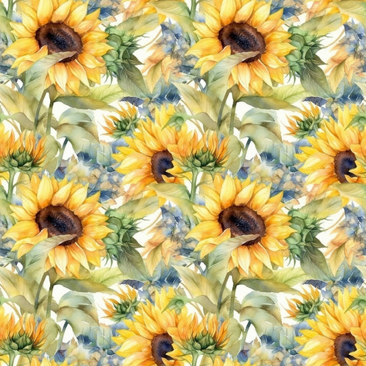sunflower pattern, yellow petals, golden yellow, brown centers, green leaves, watercolor style, floral design, repeating pattern, quilting cotton, fabric panel, botanical print, summer flowers, soft brushstrokes, nature motif, artistic rendering, warm tones, garden theme, seamless repeat, cotton fabric, crafting material