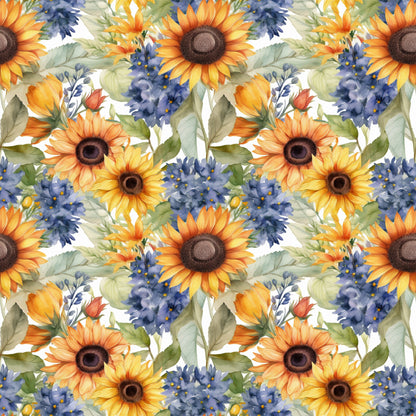 sunflower pattern, floral design, yellow petals, orange blooms, blue flowers, purple blossoms, green leaves, botanical motif, watercolor style, repeating pattern, quilting cotton, fabric panel, summer flowers, garden theme, nature inspired, bright colors, warm tones, artistic florals, seamless design, crafting material