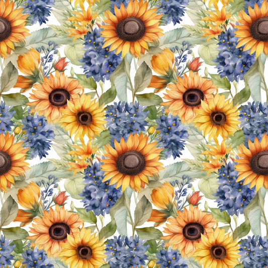 sunflower pattern, floral design, yellow petals, orange blooms, blue flowers, purple blossoms, green leaves, botanical motif, watercolor style, repeating pattern, quilting cotton, fabric panel, summer flowers, garden theme, nature inspired, bright colors, warm tones, artistic florals, seamless design, crafting material