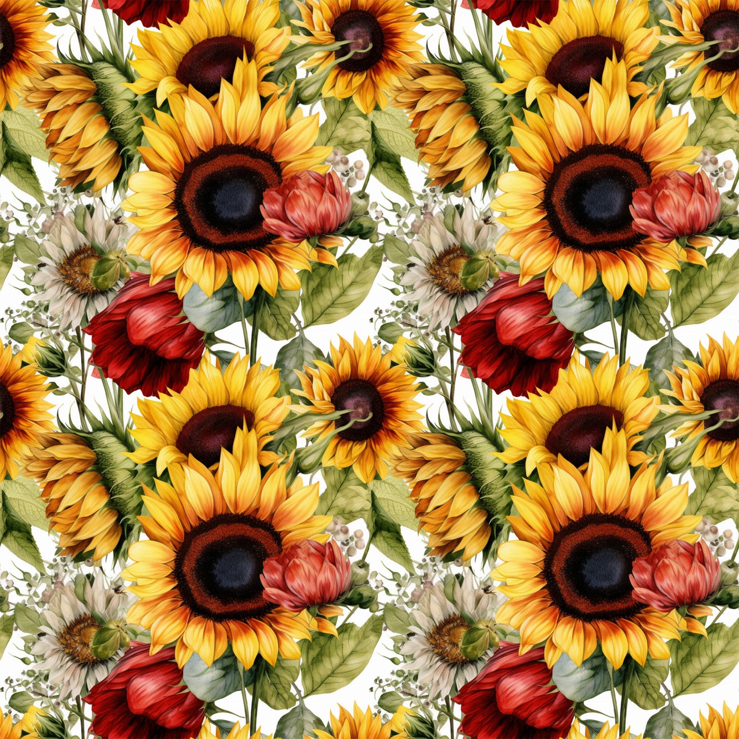 sunflower pattern, yellow petals, dark centers, red flowers, green leaves, floral design, repeating motif, botanical illustration, autumn colors, golden yellow, deep red, forest green, quilting cotton, fabric panel, watercolor style, realistic flowers, nature theme, harvest season, warm tones, detailed artwork