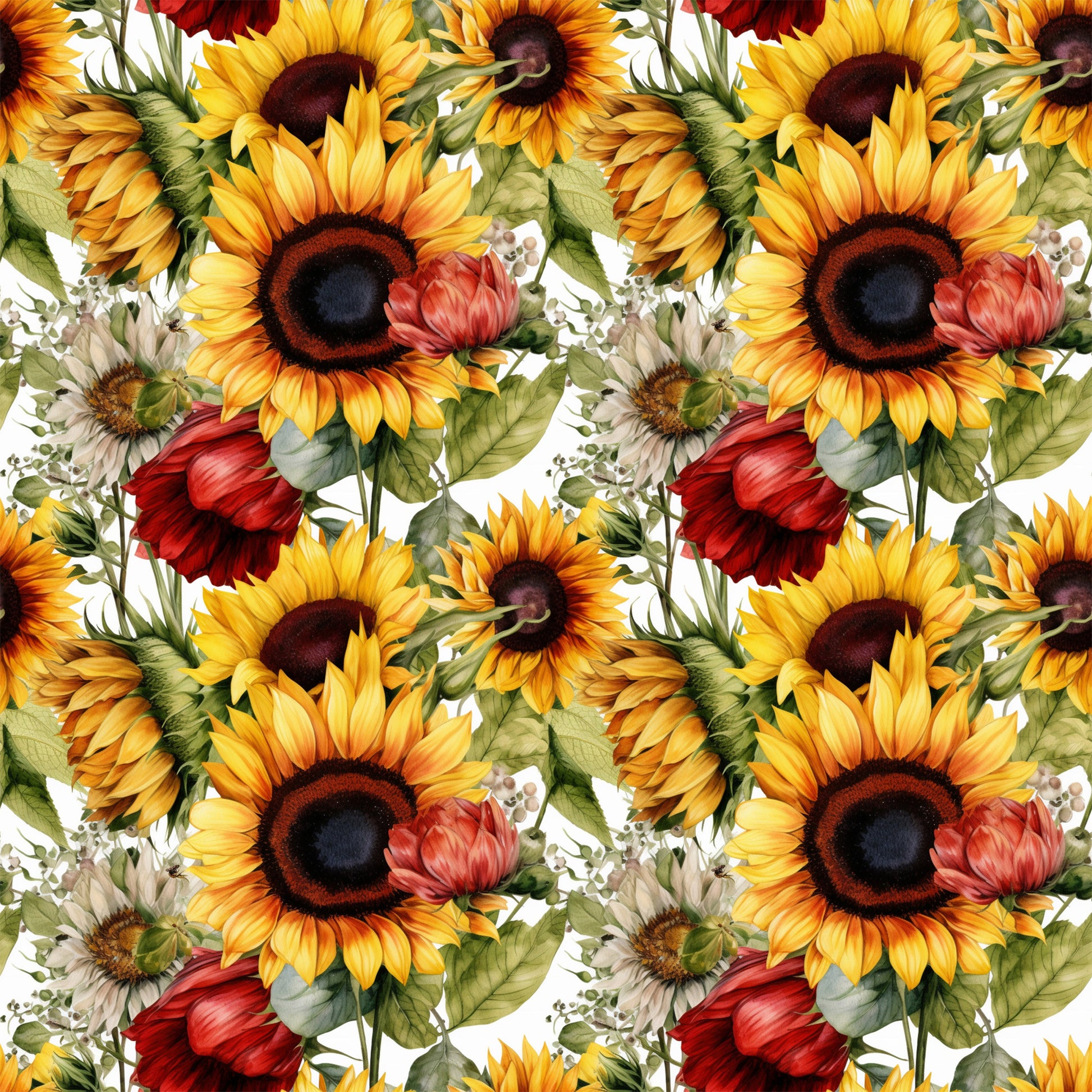 sunflower pattern, yellow petals, dark centers, red flowers, green leaves, floral design, repeating motif, botanical illustration, autumn colors, golden yellow, deep red, forest green, quilting cotton, fabric panel, watercolor style, realistic flowers, nature theme, harvest season, warm tones, detailed artwork