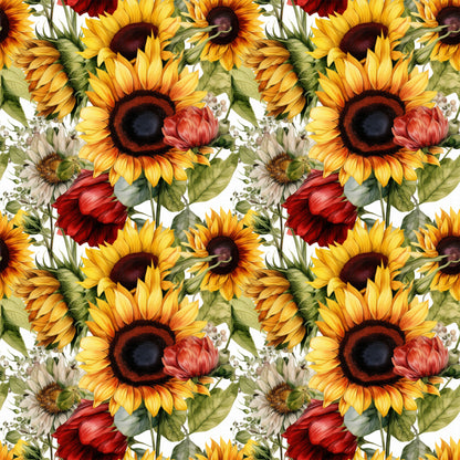 sunflower pattern, yellow petals, dark centers, red flowers, green leaves, floral design, repeating motif, botanical illustration, autumn colors, golden yellow, deep red, forest green, quilting cotton, fabric panel, watercolor style, realistic flowers, nature theme, harvest season, warm tones, detailed artwork