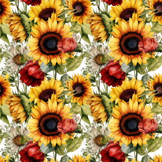 sunflower pattern, yellow petals, dark centers, red flowers, green leaves, floral design, repeating motif, botanical illustration, autumn colors, golden yellow, deep red, forest green, quilting cotton, fabric panel, watercolor style, realistic flowers, nature theme, harvest season, warm tones, detailed artwork
