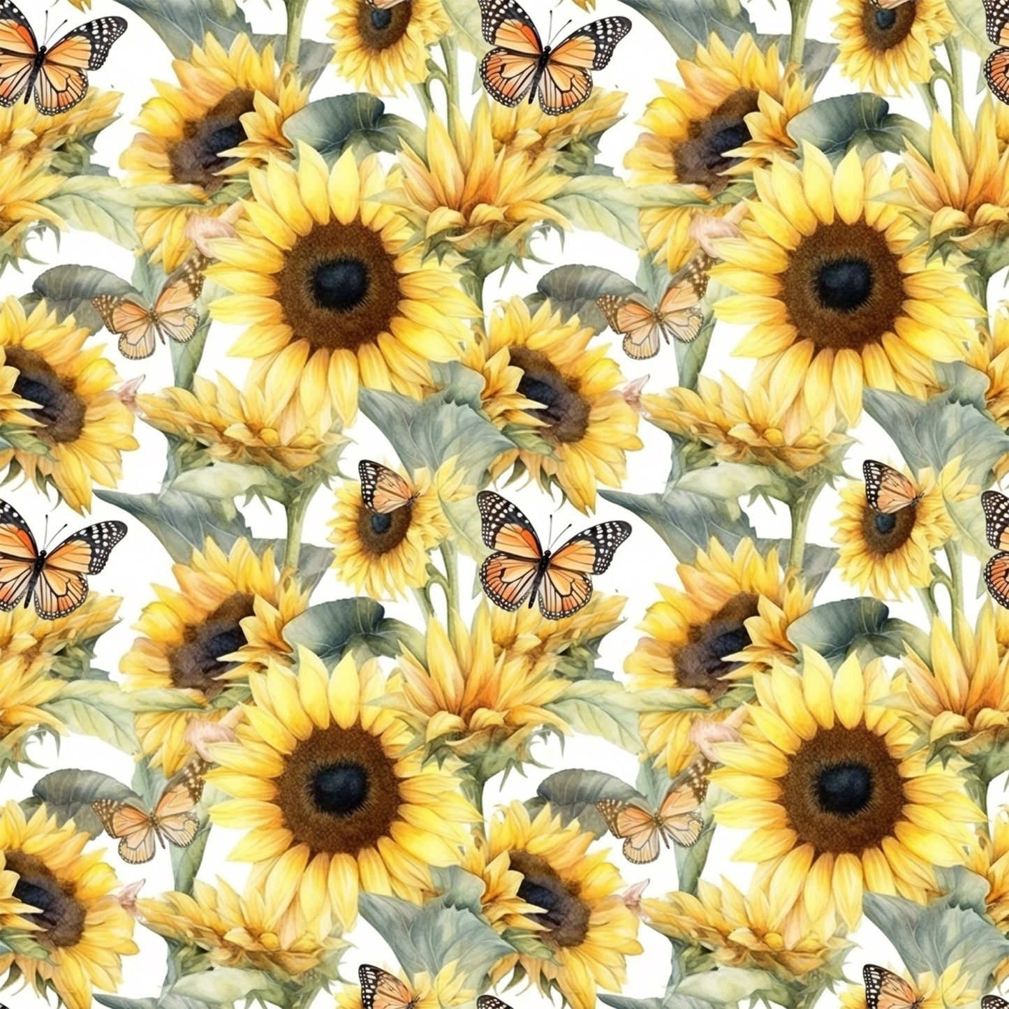 sunflowers, butterflies, yellow petals, brown centers, green leaves, orange butterflies, monarch butterflies, floral pattern, repeating design, botanical motif, nature theme, bright colors, summer vibes, quilting cotton, fabric panel, realistic illustration, watercolor style, garden scene, pollinator theme, cheerful mood