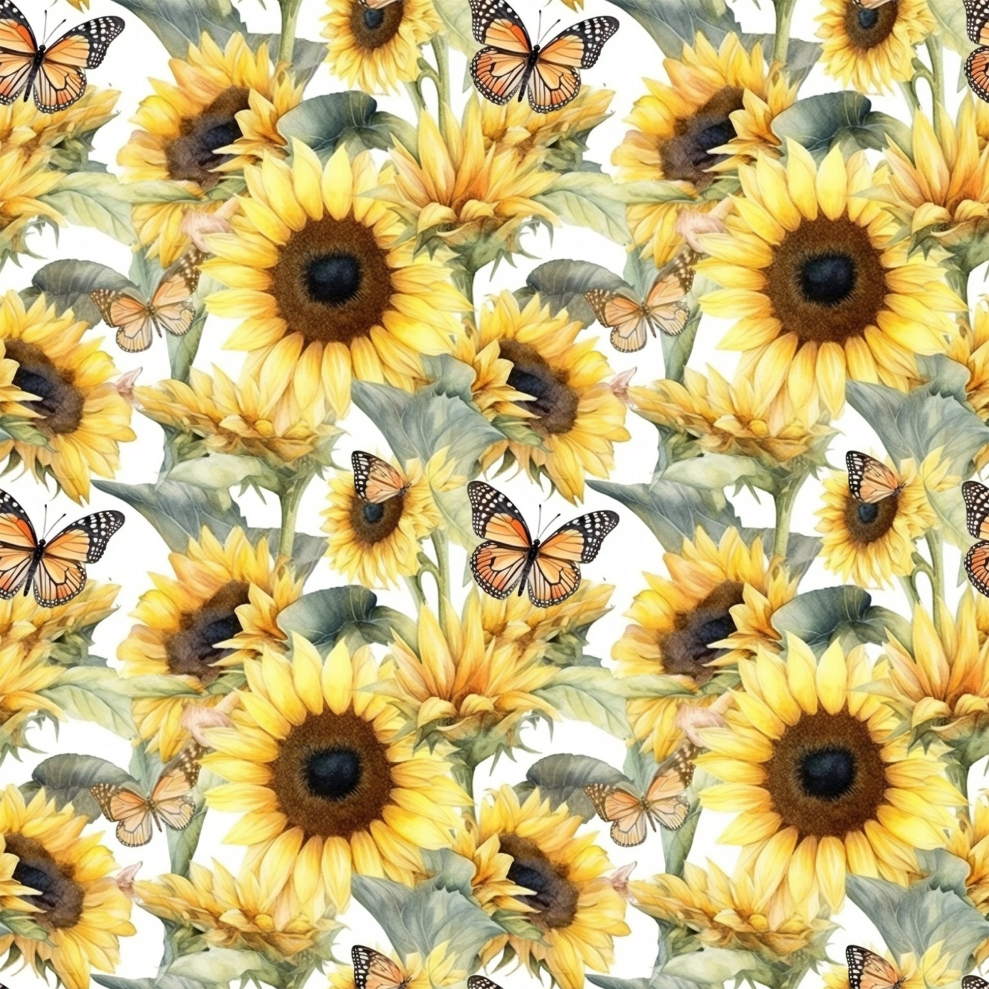 sunflowers, butterflies, yellow petals, brown centers, green leaves, orange butterflies, monarch butterflies, floral pattern, repeating design, botanical motif, nature theme, bright colors, summer vibes, quilting cotton, fabric panel, realistic illustration, watercolor style, garden scene, pollinator theme, cheerful mood