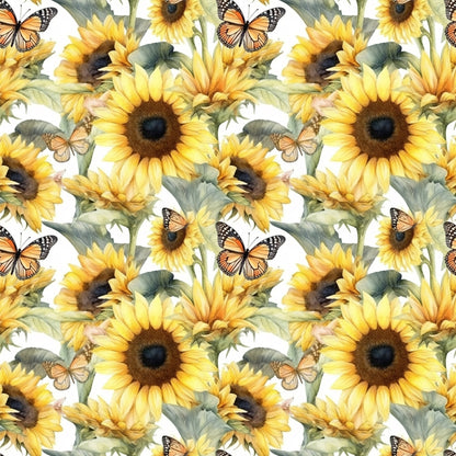 sunflowers, butterflies, yellow petals, brown centers, green leaves, orange butterflies, monarch butterflies, floral pattern, repeating design, botanical motif, nature theme, bright colors, summer vibes, quilting cotton, fabric panel, realistic illustration, watercolor style, garden scene, pollinator theme, cheerful mood