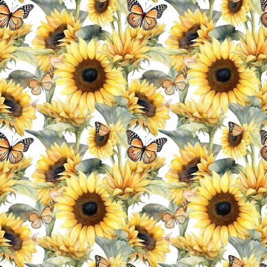 sunflowers, butterflies, yellow petals, brown centers, green leaves, orange butterflies, monarch butterflies, floral pattern, repeating design, botanical motif, nature theme, bright colors, summer vibes, quilting cotton, fabric panel, realistic illustration, watercolor style, garden scene, pollinator theme, cheerful mood