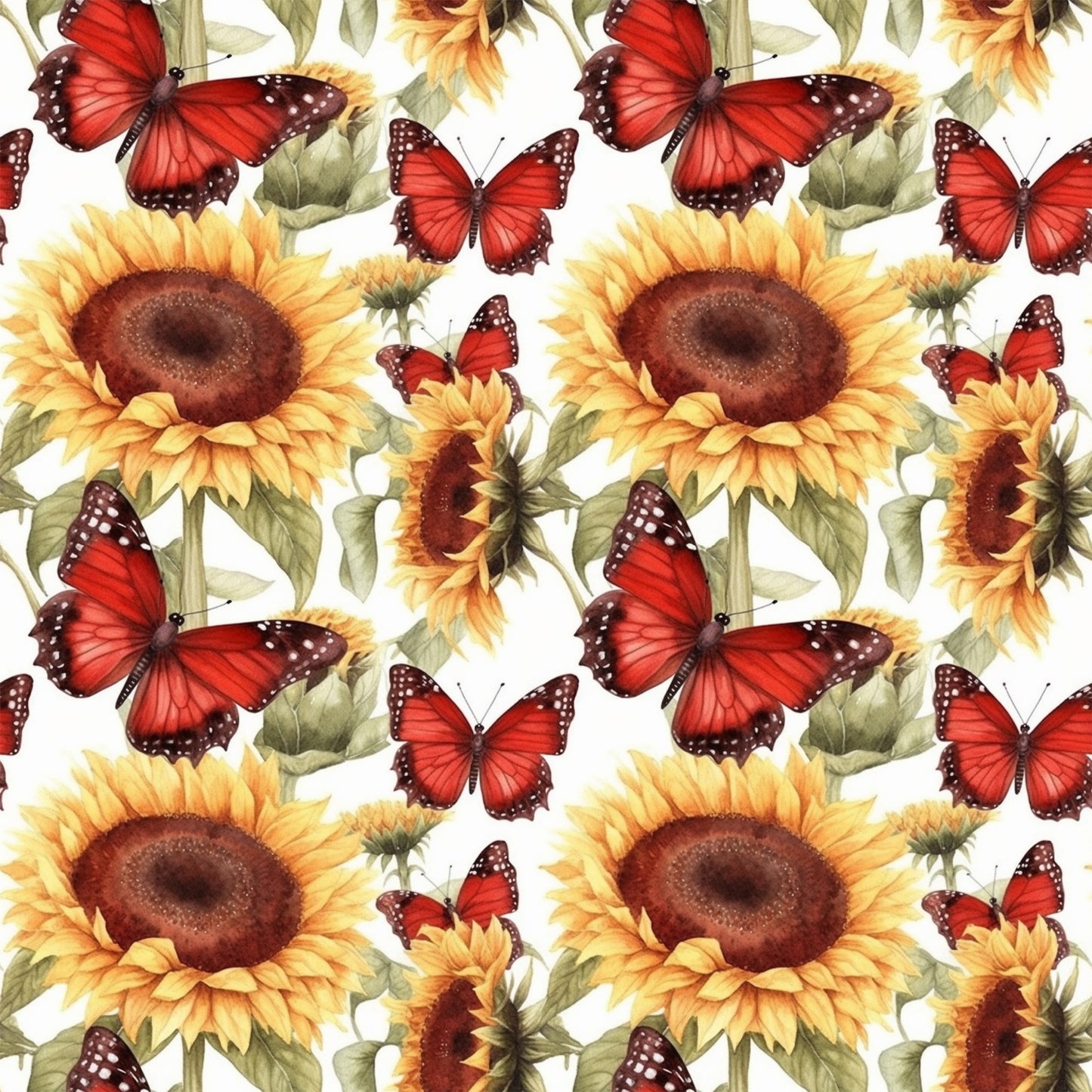 sunflower pattern, red butterflies, yellow blooms, golden petals, brown centers, green leaves, floral design, nature motif, repeating pattern, quilting cotton, fabric panel, botanical print, garden theme, warm colors, orange tones, realistic illustration, summer flowers, pollinator theme, crafting material, sewing fabric