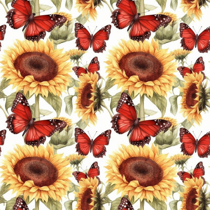 sunflower pattern, red butterflies, yellow blooms, golden petals, brown centers, green leaves, floral design, nature motif, repeating pattern, quilting cotton, fabric panel, botanical print, garden theme, warm colors, orange tones, realistic illustration, summer flowers, pollinator theme, crafting material, sewing fabric