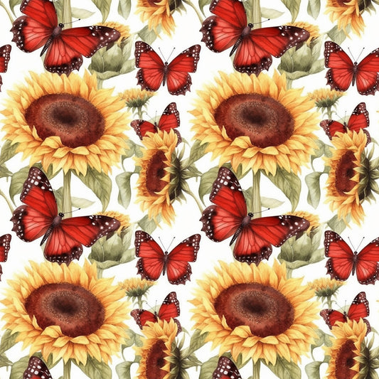 sunflower pattern, red butterflies, yellow blooms, golden petals, brown centers, green leaves, floral design, nature motif, repeating pattern, quilting cotton, fabric panel, botanical print, garden theme, warm colors, orange tones, realistic illustration, summer flowers, pollinator theme, crafting material, sewing fabric