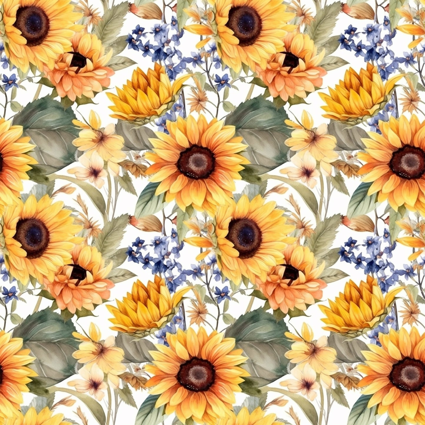 sunflower pattern, yellow flowers, orange petals, blue wildflowers, green leaves, floral design, botanical print, quilting cotton, fabric panel, watercolor style, repeating pattern, autumn colors, nature motif, garden flowers, warm tones, craft fabric, sewing material, flower heads, leafy stems, artistic florals