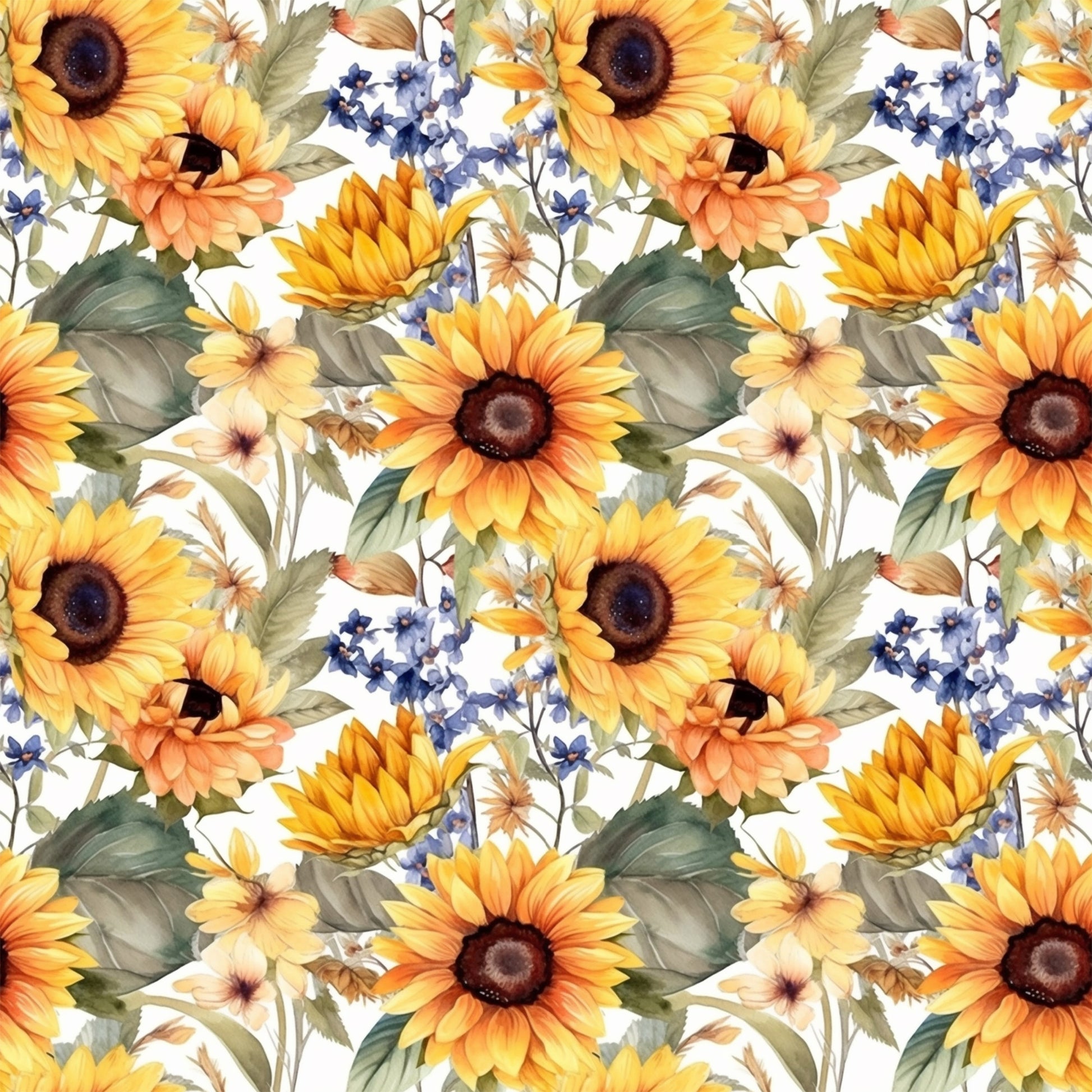 sunflower pattern, yellow flowers, orange petals, blue wildflowers, green leaves, floral design, botanical print, quilting cotton, fabric panel, watercolor style, repeating pattern, autumn colors, nature motif, garden flowers, warm tones, craft fabric, sewing material, flower heads, leafy stems, artistic florals