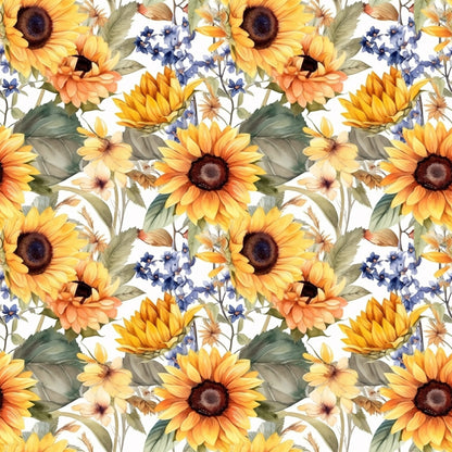 sunflower pattern, yellow flowers, orange petals, blue wildflowers, green leaves, floral design, botanical print, quilting cotton, fabric panel, watercolor style, repeating pattern, autumn colors, nature motif, garden flowers, warm tones, craft fabric, sewing material, flower heads, leafy stems, artistic florals